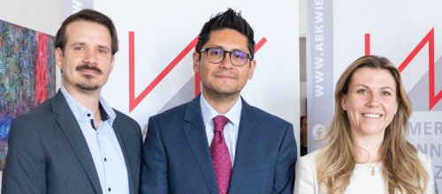 Zwei Männer und eine Frau posieren vor Logo der Kammer für Ärztinnen und Ärzte in Wien.