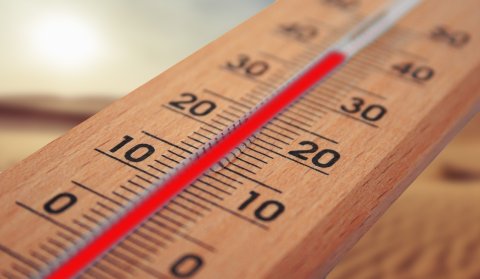 Man sieht ein Thermometer auf dem der rote Balken schon bei 40 Grad Celsius steht.